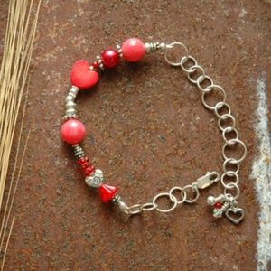 Red Coral Heart Sweetheart Valentines Sterling Silver Charm Bracelet